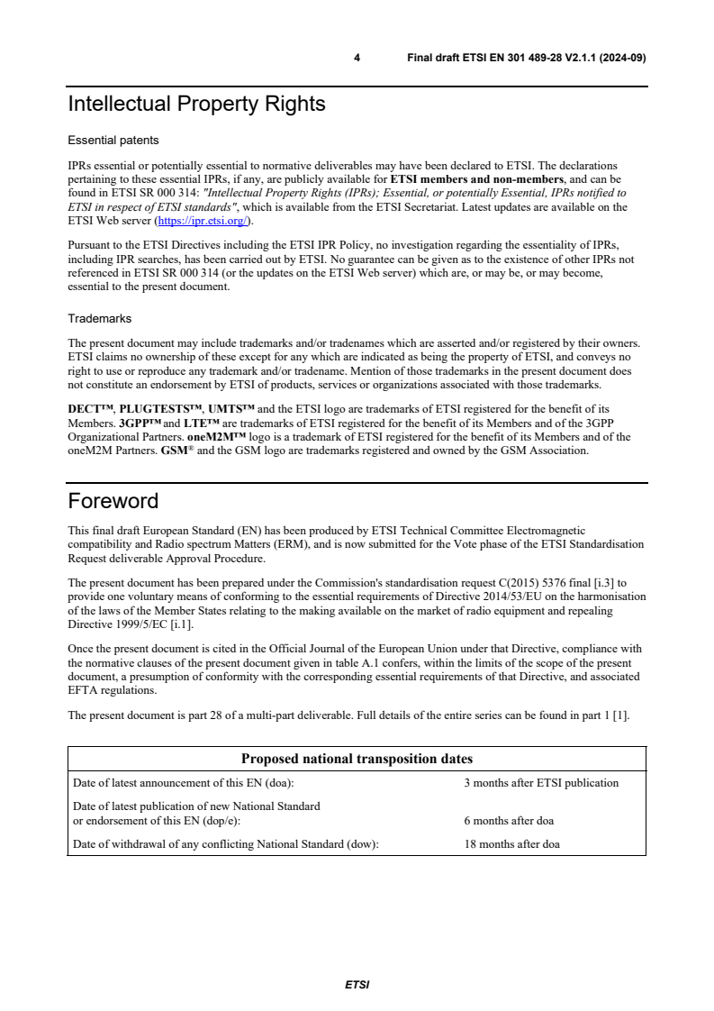 SIST EN 301 489-28 V2.1.1:2025 ETSI EN 301 489-28 V2.1.1 (2024-09) - ElectroMagnetic Compatibility (EMC) standard for radio equipment and services; Part 28: Specific conditions for wireless digital video links; Harmonised Standard for ElectroMagnetic Compatibility - Page 4 preview