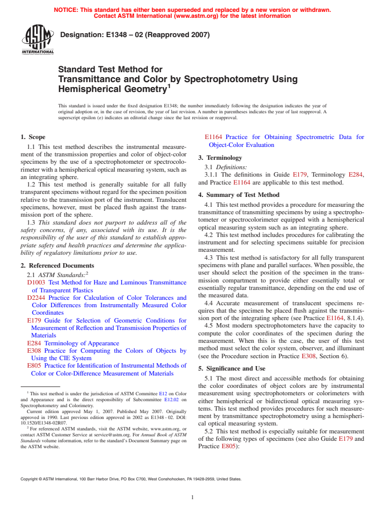 ASTM E1348-02(2007) - Standard Test Method for Transmittance and Color by Spectrophotometry Using Hemispherical Geometry