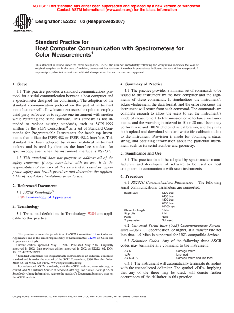 ASTM E2222-02(2007) - Standard Practice for Host Computer Communication with Spectrometers for Color Measurements (Withdrawn 2012)