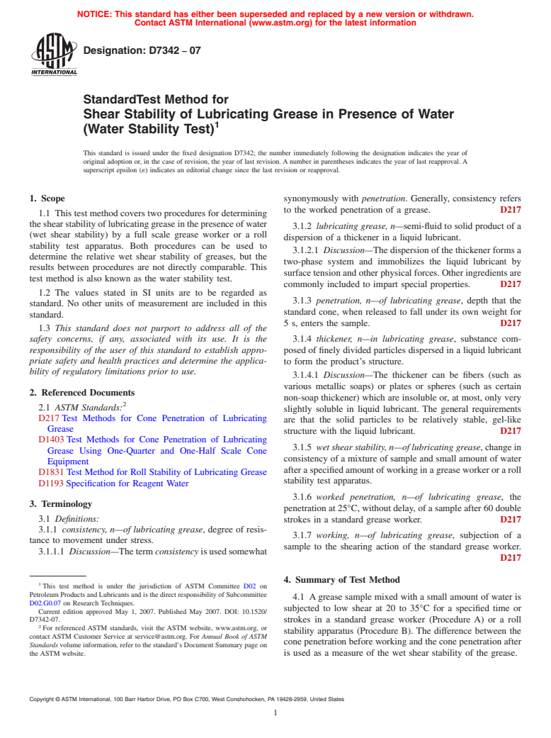 ASTM D7342-07 - Standard Test Method for Shear Stability of Lubricating Grease in Presence of Water (Water Stability Test)