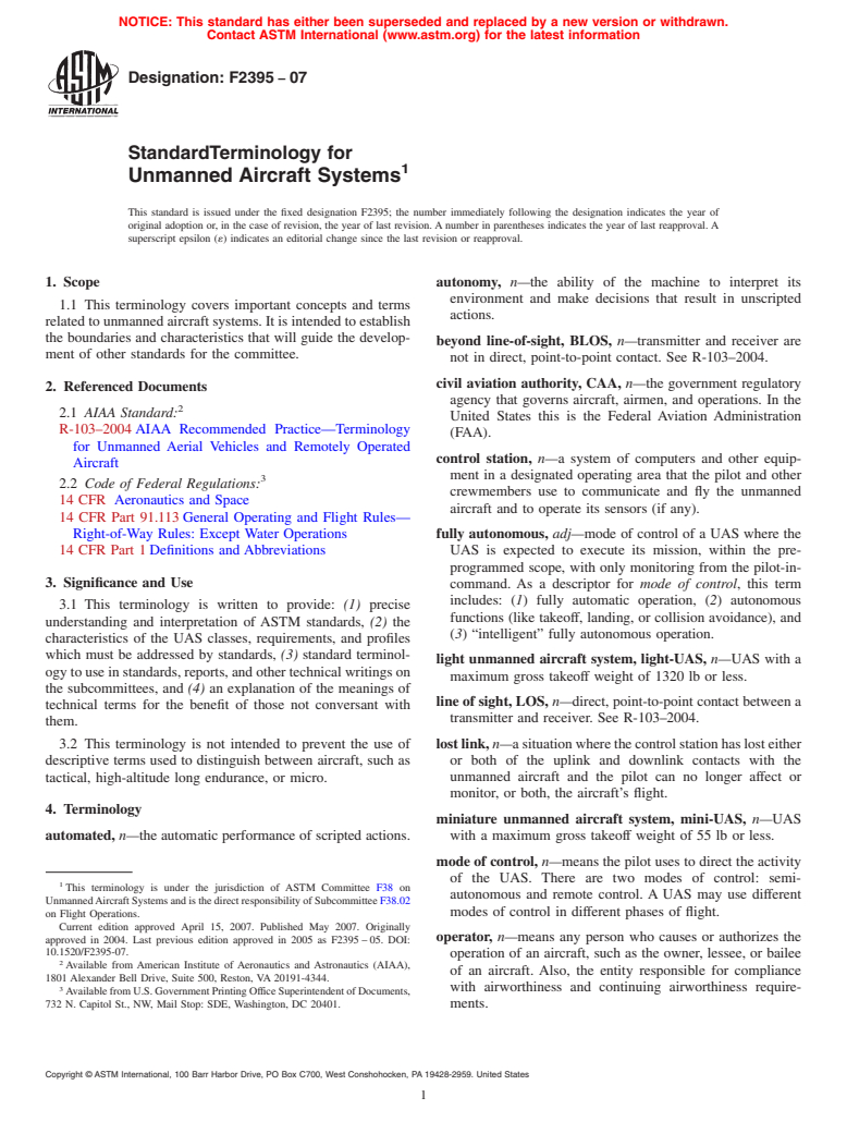 ASTM F2395-07 - Standard Terminology for Unmanned Air Vehicle Systems (Withdrawn 2014)