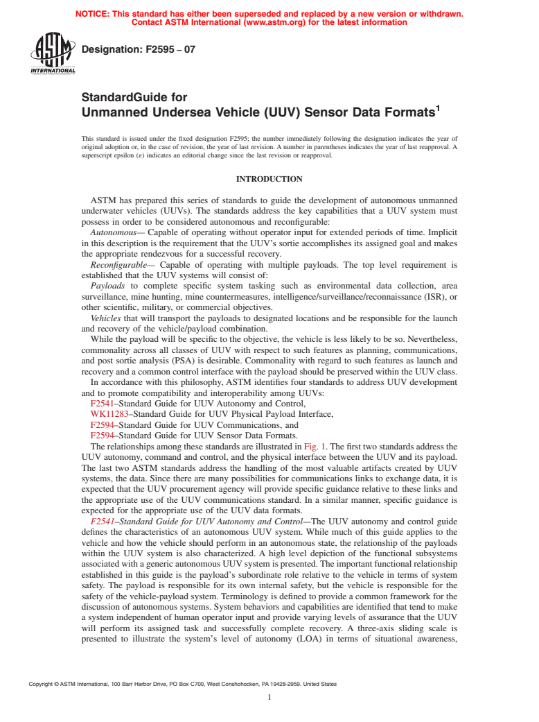 ASTM F2595-07 - Standard Guide for Unmanned Undersea Vehicle (UUV) Sensor Data Formats (Withdrawn 2016)