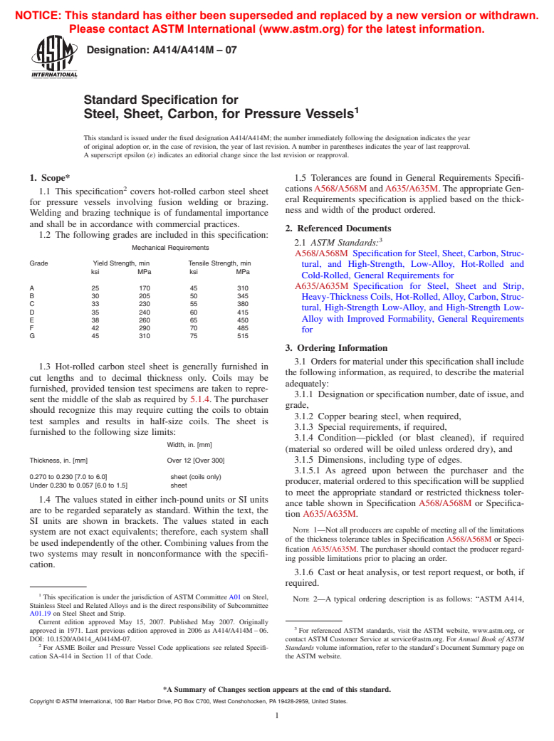 ASTM A414/A414M-07 - Standard Specification for Steel, Sheet, Carbon, for Pressure Vessels