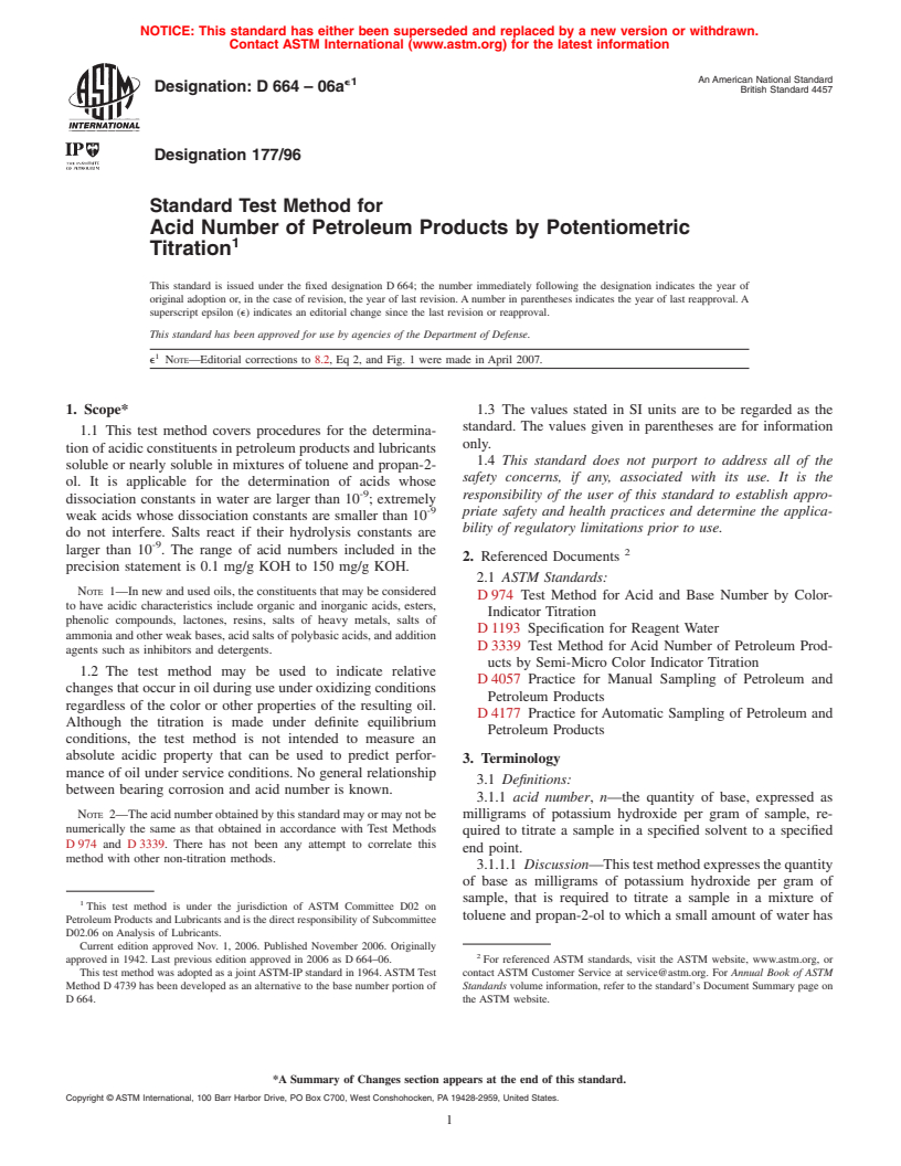 ASTM D664-06ae1 - Standard Test Method for Acid Number of Petroleum Products by Potentiometric Titration