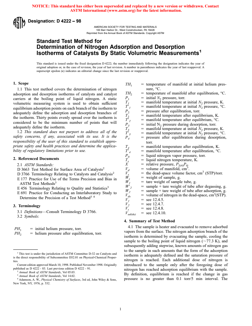 ASTM D4222-98 - Standard Test Method for Determination of Nitrogen Adsorption and Desorption Isotherms of Catalysts By Static Volumetric Measurements