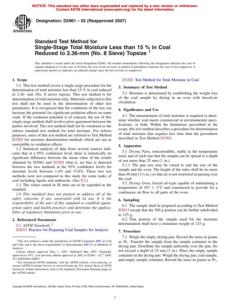 ASTM D2961-02(2007) - Standard Test Method for Single-Stage Total Moisture Less than 15% in Coal Reduced to 2.36-mm (No. 8 Sieve) Topsize