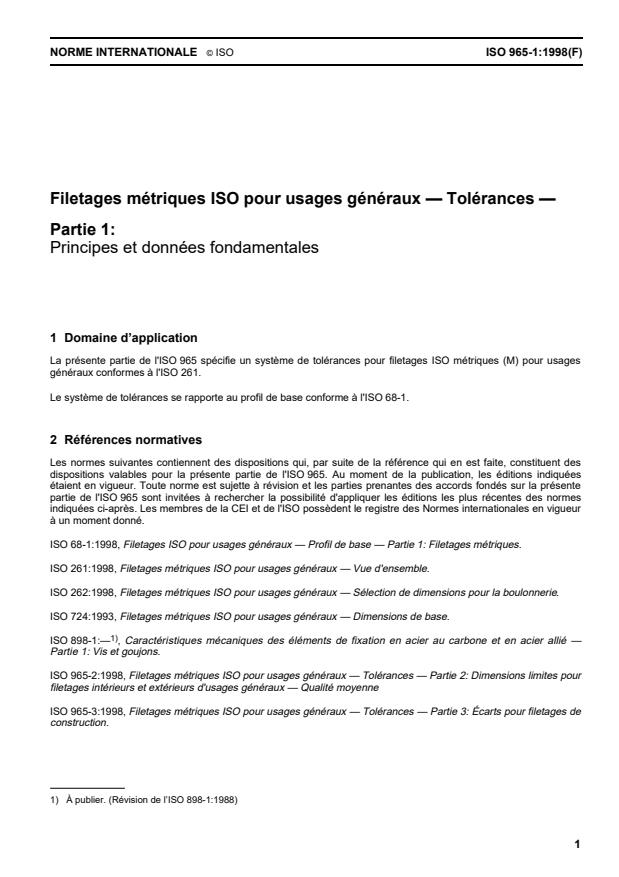 ISO 965-1:1998 - Filetages métriques ISO pour usages généraux -- Tolérances
