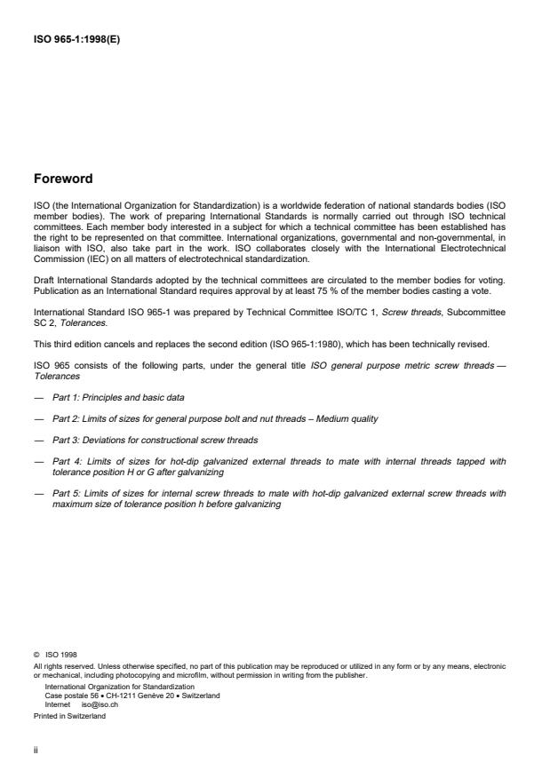 ISO 965-1:1998 ISO 965-1:1998 - ISO general-purpose metric screw threads -- Tolerances - Page 2 preview