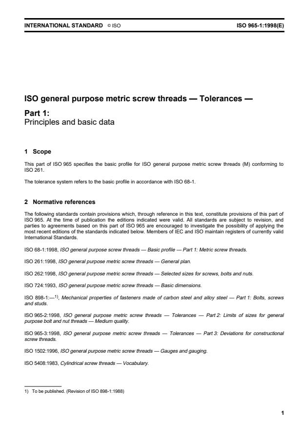 ISO 965-1:1998 - ISO general-purpose metric screw threads -- Tolerances