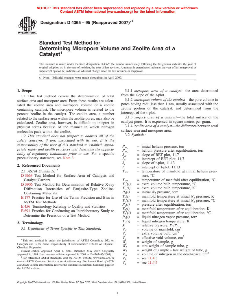 ASTM D4365-95(2007)e1 - Standard Test Method for Determining Micropore Volume and Zeolite Area of a Catalyst