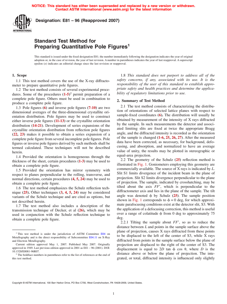 ASTM E81-96(2007) - Standard Test Method for Preparing Quantitative Pole Figures