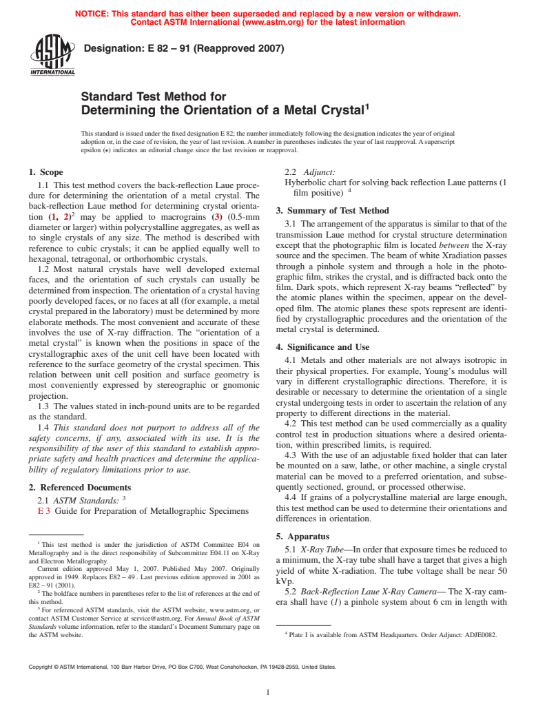 ASTM E82-91(2007) - Standard Test Method for Determining the Orientation of a Metal Crystal