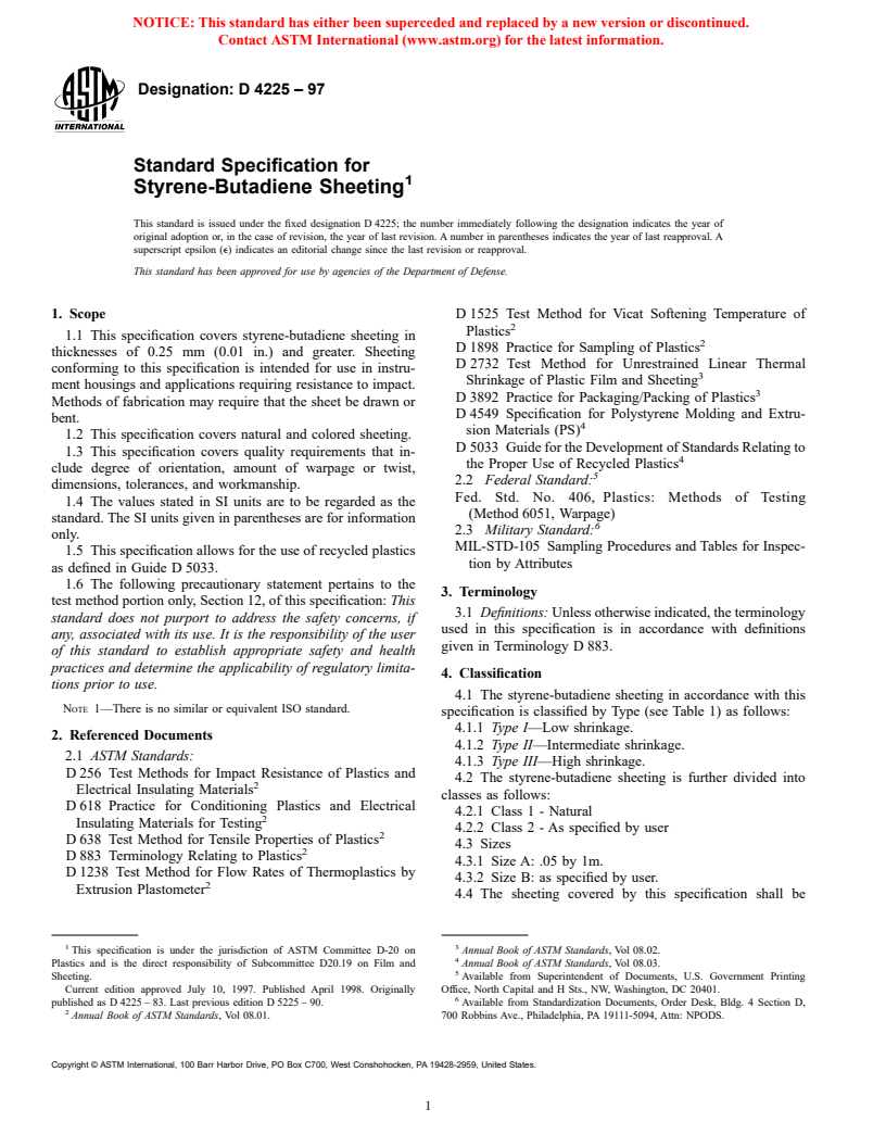 ASTM D4225-97 - Standard Specification for Styrene-Butadiene Sheeting