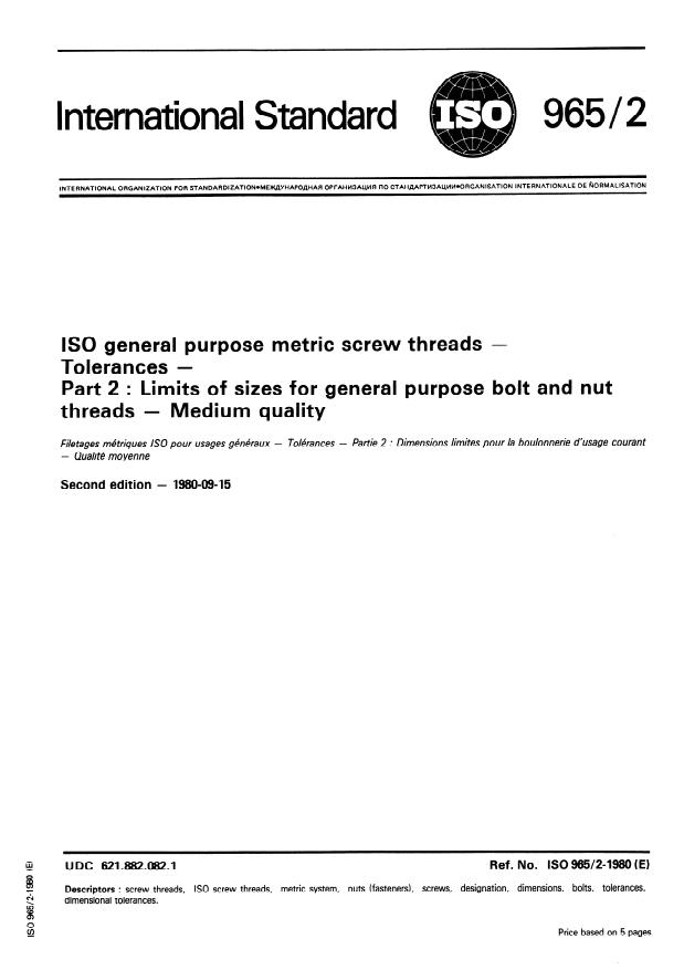 ISO 965-2:1980 - ISO general purpose metric screw threads -- Tolerances