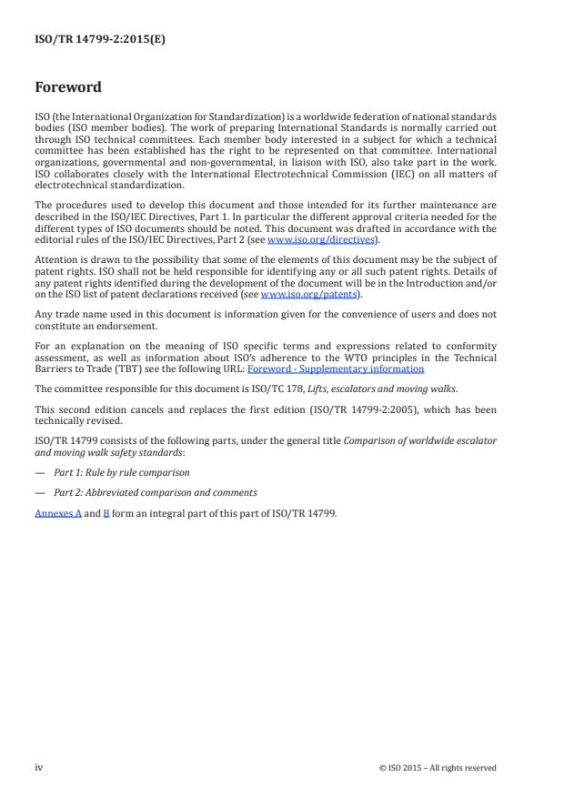 ISO/TR 14799-2:2015 ISO/TR 14799-2:2015 - Comparison of worldwide escalator and moving walk safety standards - Page 4 preview