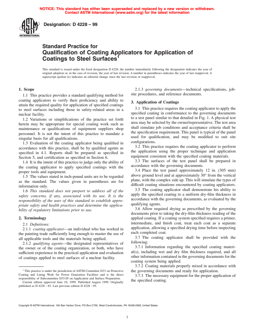 ASTM D4228-99 - Standard Practice for Qualification of Coating Applicators for Application of Coatings to Steel Surfaces