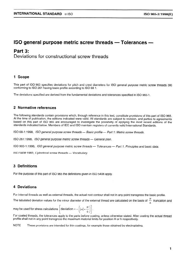 ISO 965-3:1998 - ISO general purpose metric screw threads -- Tolerances