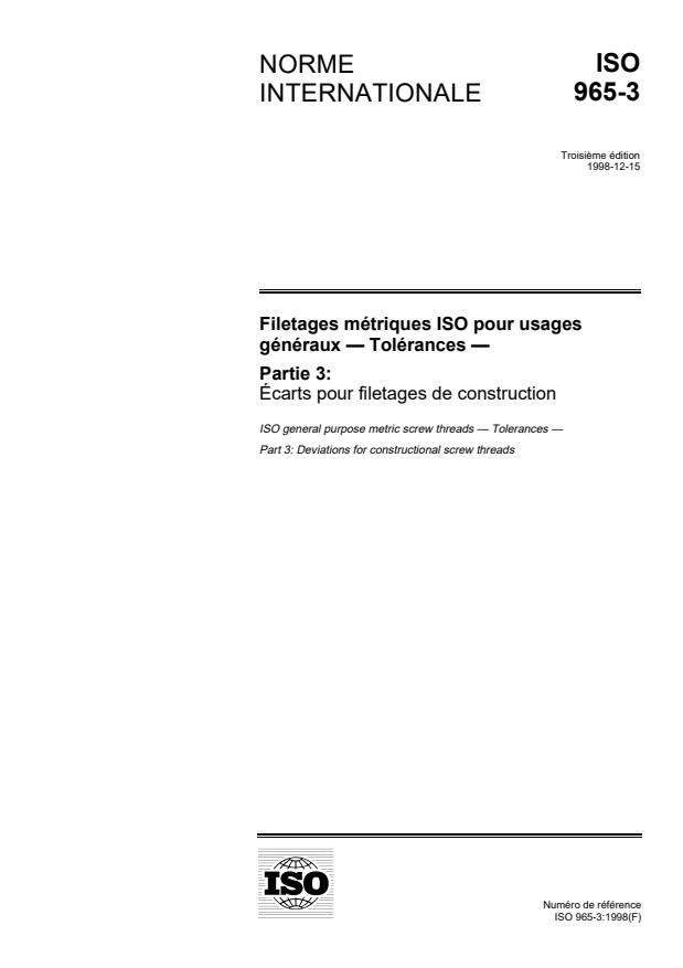 ISO 965-3:1998 - Filetages métriques ISO pour usages généraux -- Tolérances