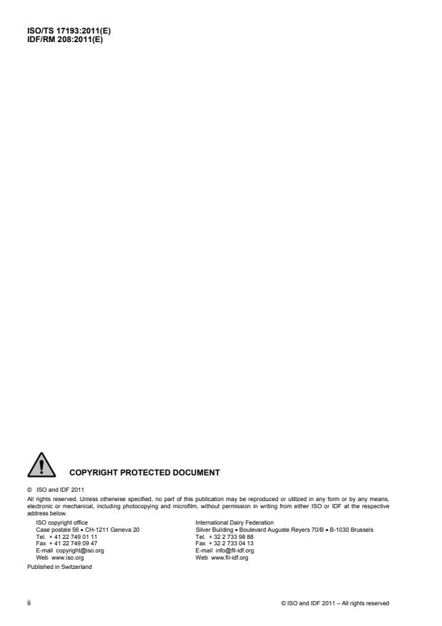 ISO/TS 17193:2011 ISO/TS 17193:2011 - Milk -- Determination of the lactoperoxidase activity -- Photometric method (Reference method) - Page 2 preview