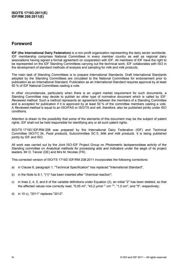 ISO/TS 17193:2011 ISO/TS 17193:2011 - Milk -- Determination of the lactoperoxidase activity -- Photometric method (Reference method) - Page 4 preview