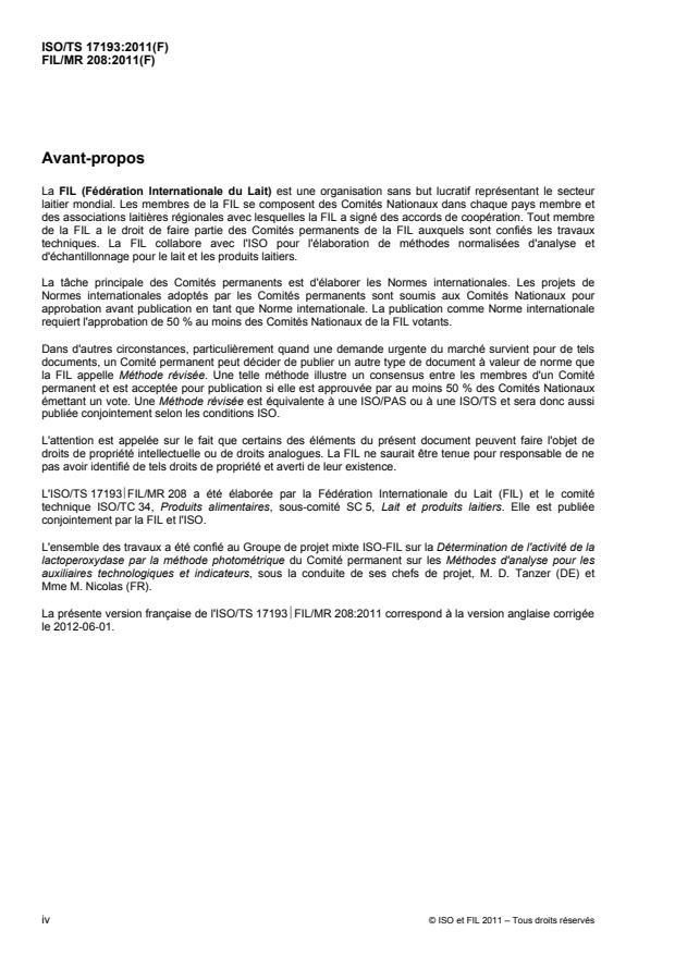 ISO/TS 17193:2011 ISO/TS 17193:2011 - Lait -- Détermination de l'activité de la lactoperoxydase -- Méthode photométrique (Méthode de référence) - Page 4 preview