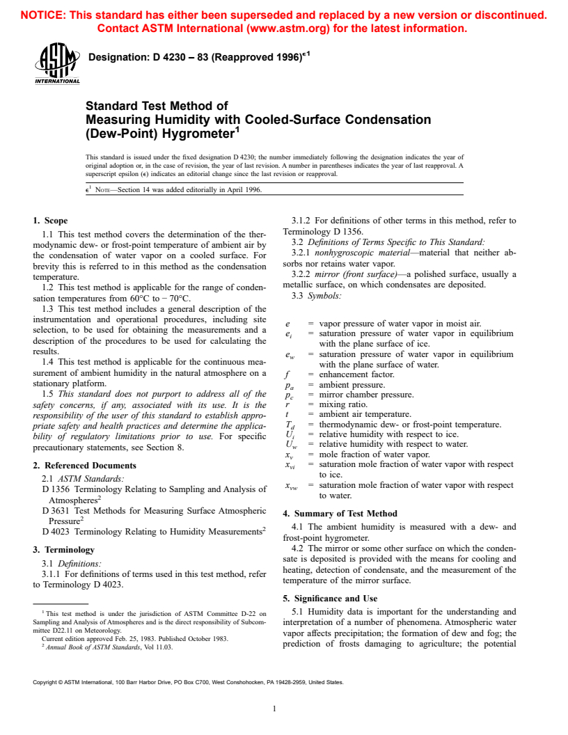 ASTM D4230-83(1996)e1 - Standard Test Method of Measuring Humidity with Cooled-Surface Condensation (Dew-Point) Hygrometer