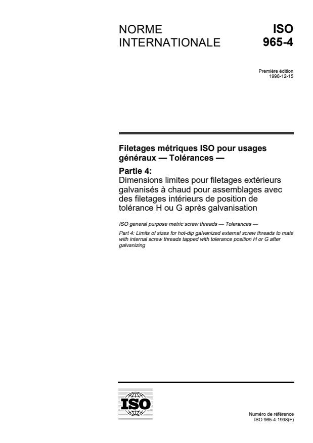 ISO 965-4:1998 - Filetages métriques ISO pour usages généraux -- Tolérances