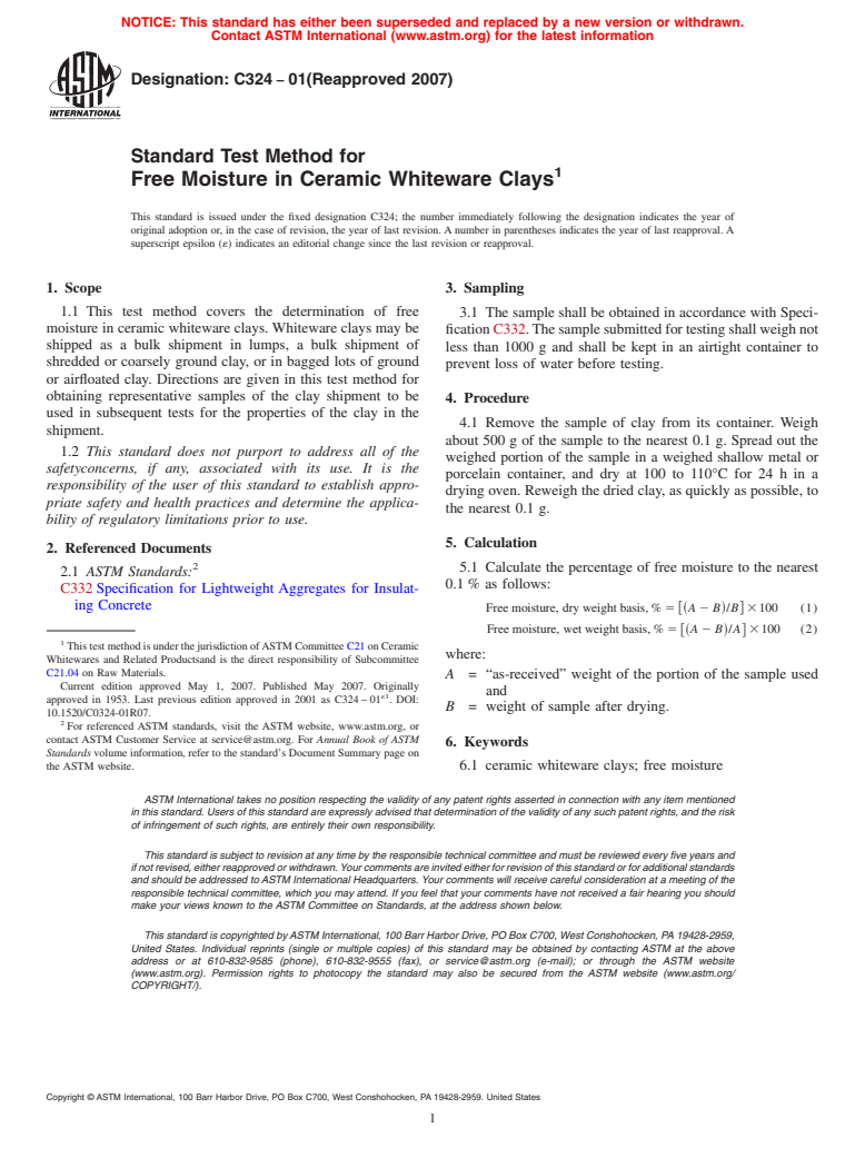 ASTM C324-01(2007) - Standard Test Method for Free Moisture in Ceramic Whiteware Clays