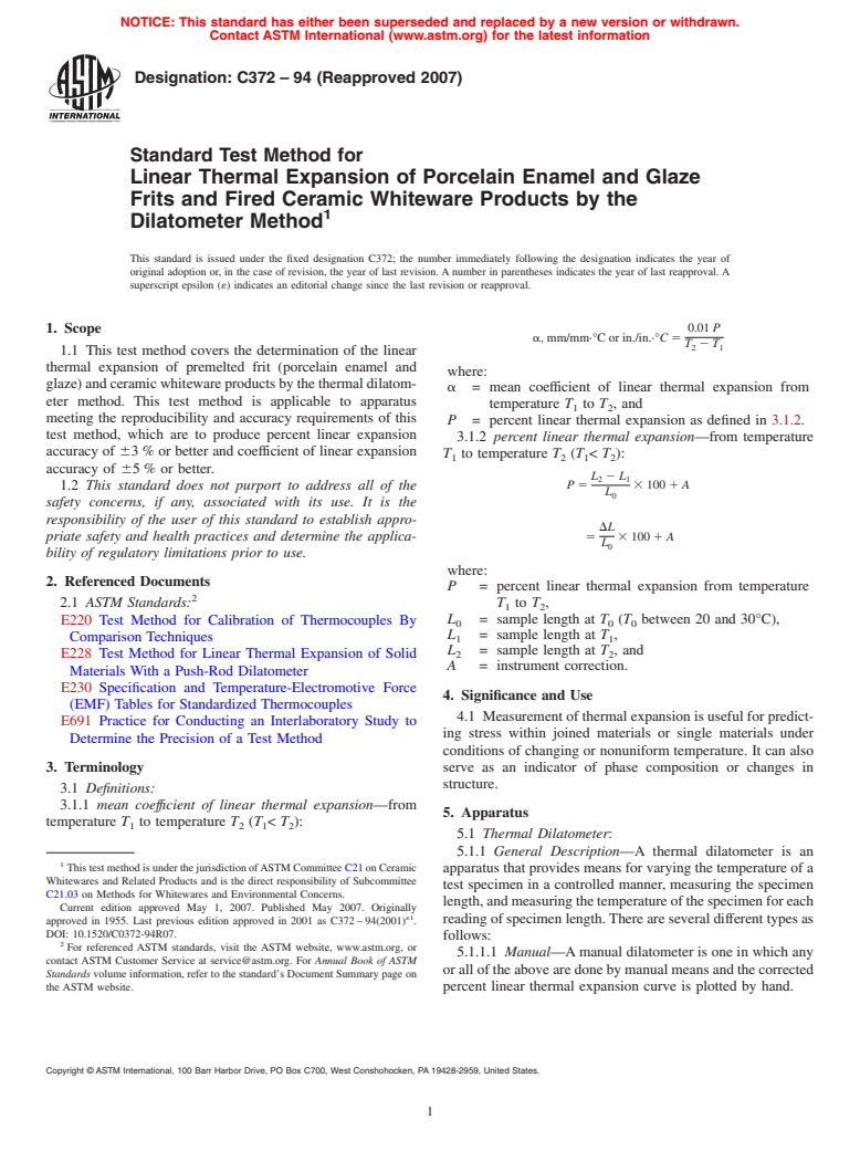 ASTM C372-94(2007) - Standard Test Method for Linear Thermal Expansion of Porcelain Enamel and Glaze Frits and Fired Ceramic Whiteware Products by the Dilatometer Method