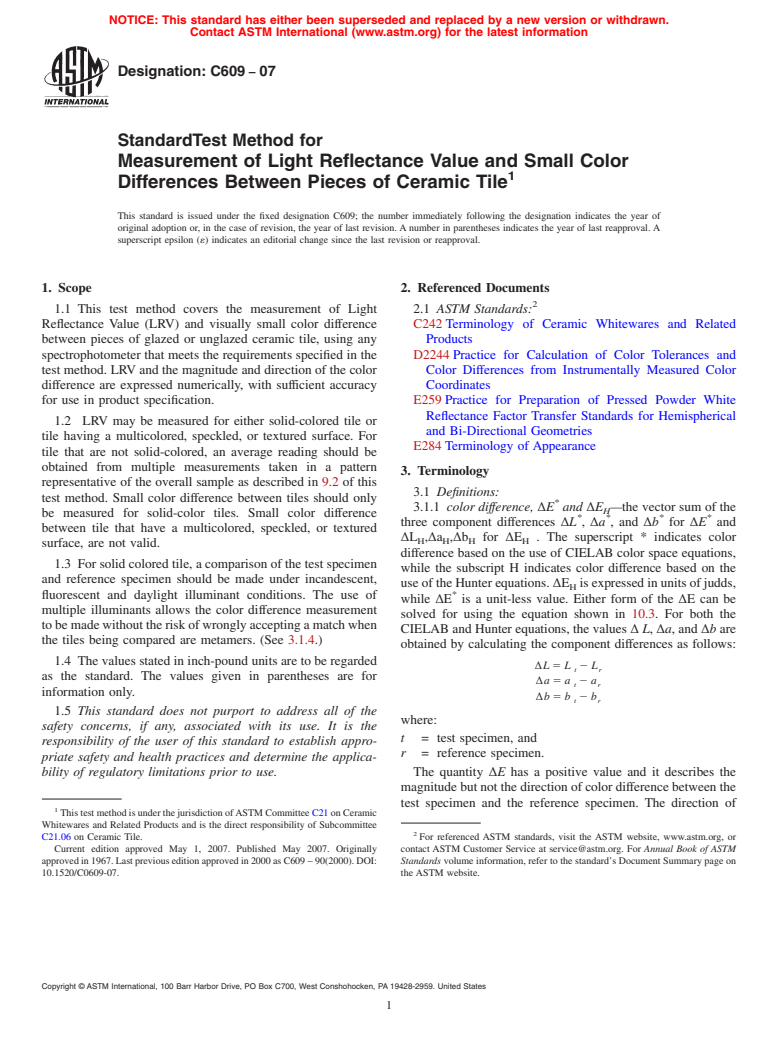 ASTM C609-07 - Standard Test Method for Measurement of Light Reflectance Value and Small Color Differences Between Pieces of Ceramic Tile