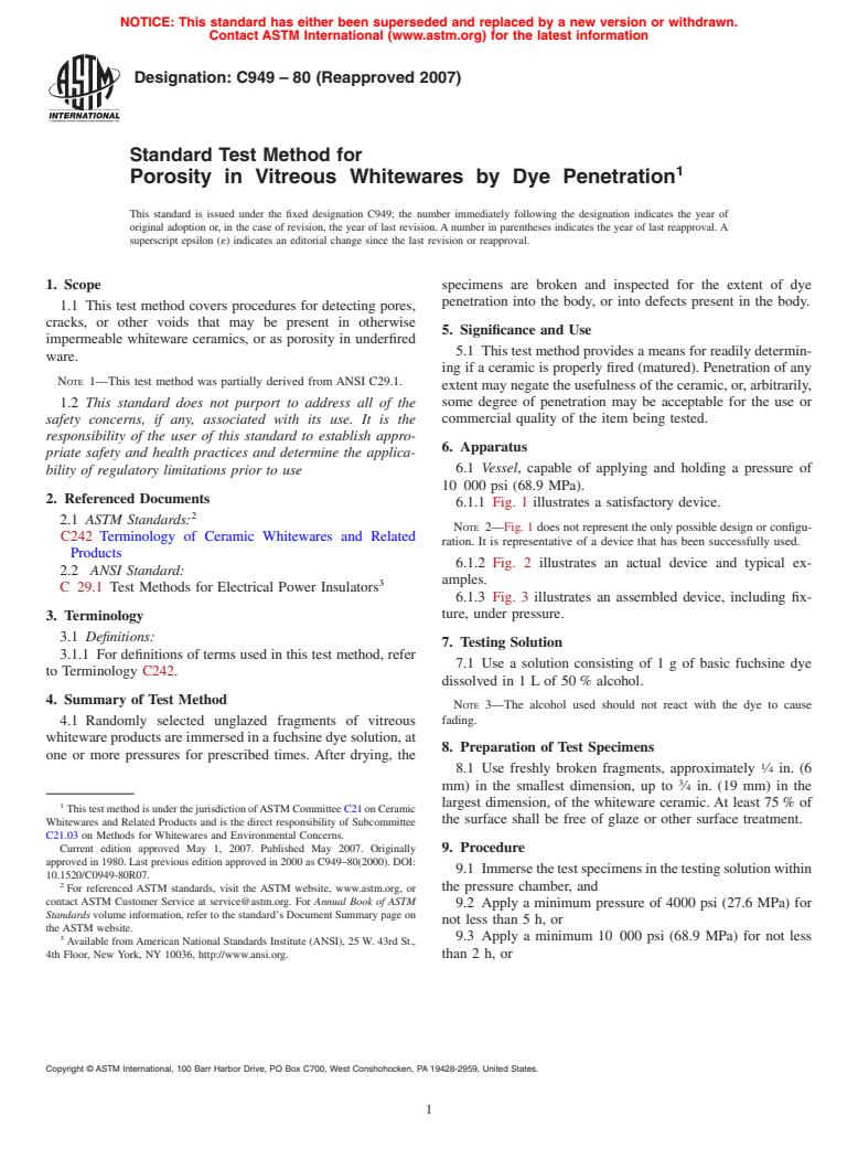 ASTM C949-80(2007) - Standard Test Method for Porosity in Vitreous Whitewares by Dye Penetration