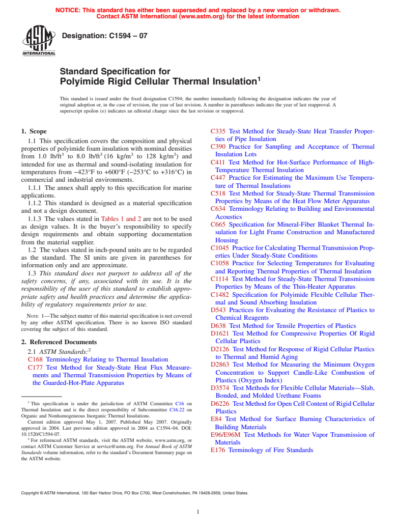 ASTM C1594-07 - Standard Specification for Polyimide Rigid Cellular Thermal Insulation