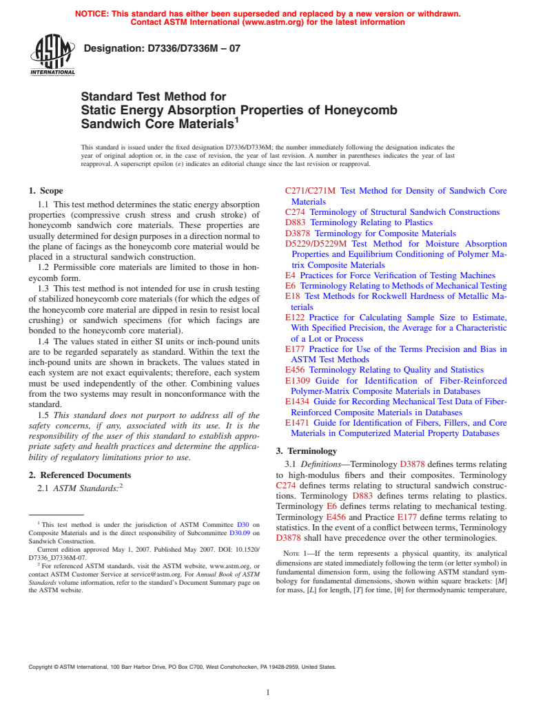 ASTM D7336/D7336M-07 - Standard Test Method for Static Energy Absorption Properties of Honeycomb Sandwich Core Materials