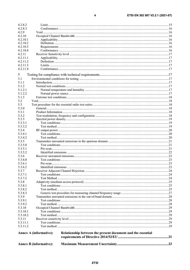 SIST EN 302 567 V2.2.1:2021 ETSI EN 302 567 V2.2.1 (2021-07) - Multiple-Gigabit/s radio equipment operating in the 60 GHz band; Harmonised Standard for access to radio spectrum - Page 4 preview