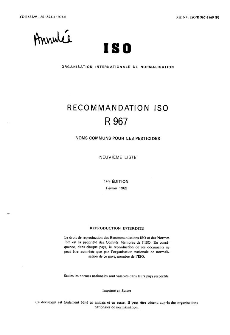ISO/R 967:1969 - Withdrawal of ISO/R 967-1969
Released:12/1/1969