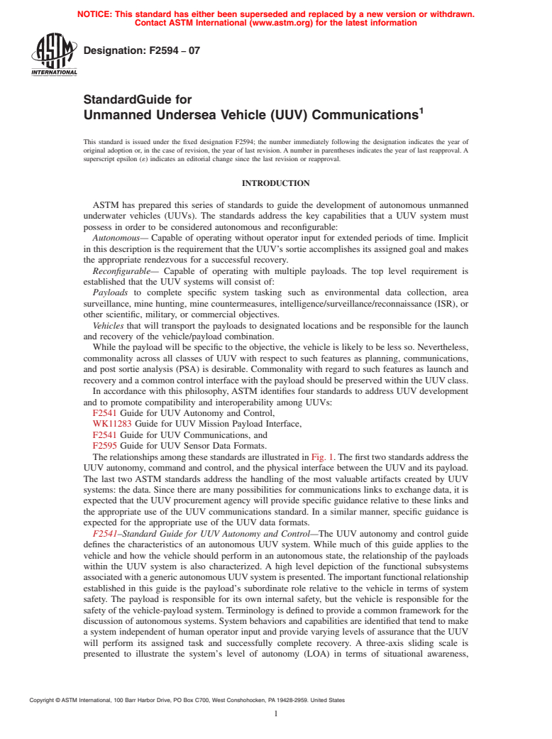 ASTM F2594-07 - Standard Guide for Unmanned Undersea Vehicle (UUV) Communications (Withdrawn 2016)