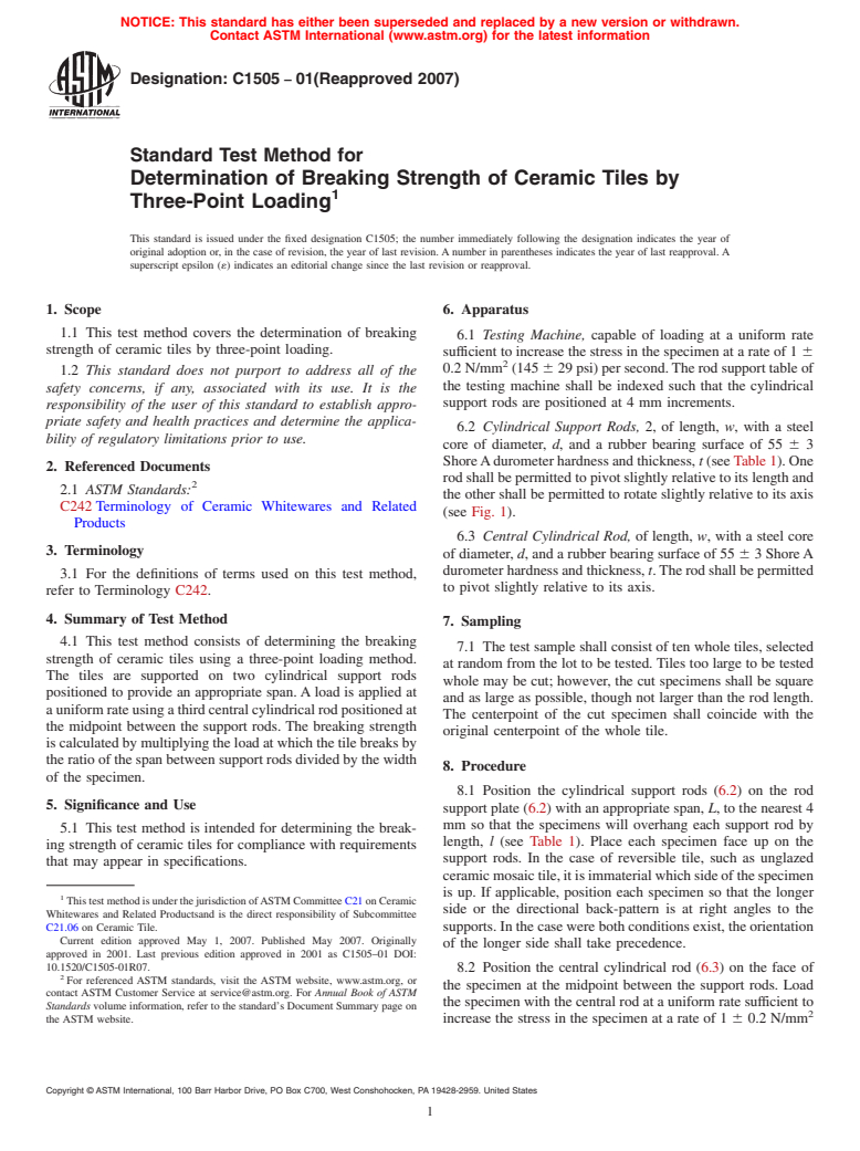 ASTM C1505-01(2007) - Standard Test Method for Determination of Breaking Strength of Ceramic Tiles by Three-Point Loading