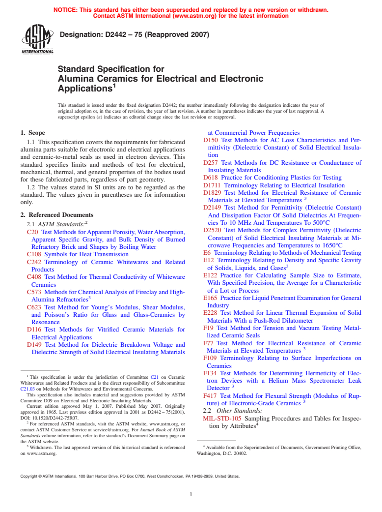 ASTM D2442-75(2007) - Standard Specification for Alumina Ceramics for Electrical and Electronic Applications