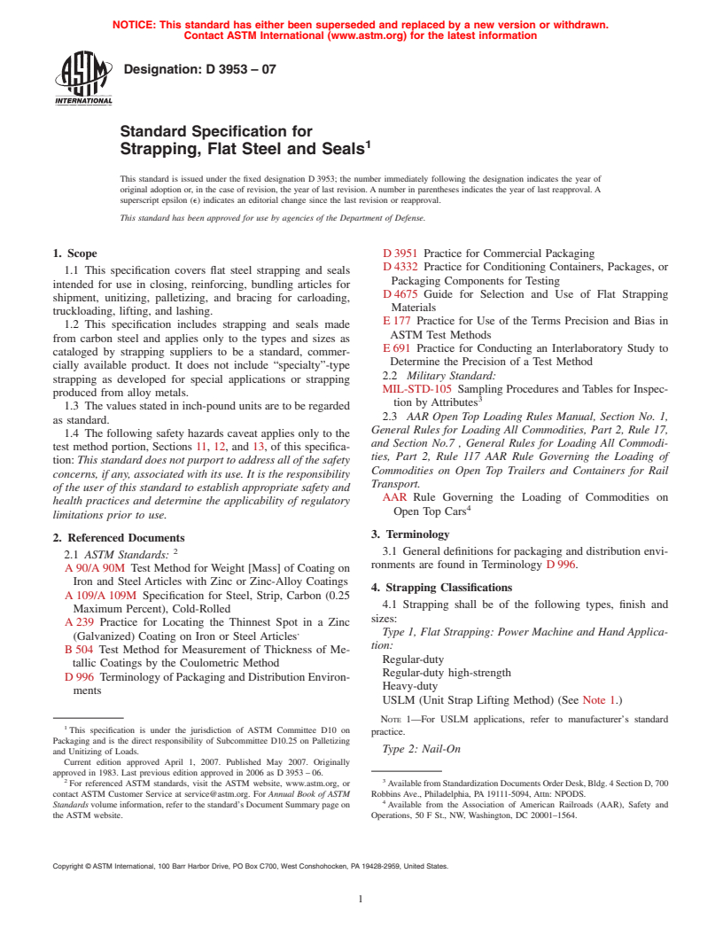 ASTM D3953-07 - Standard Specification for Strapping, Flat Steel and Seals