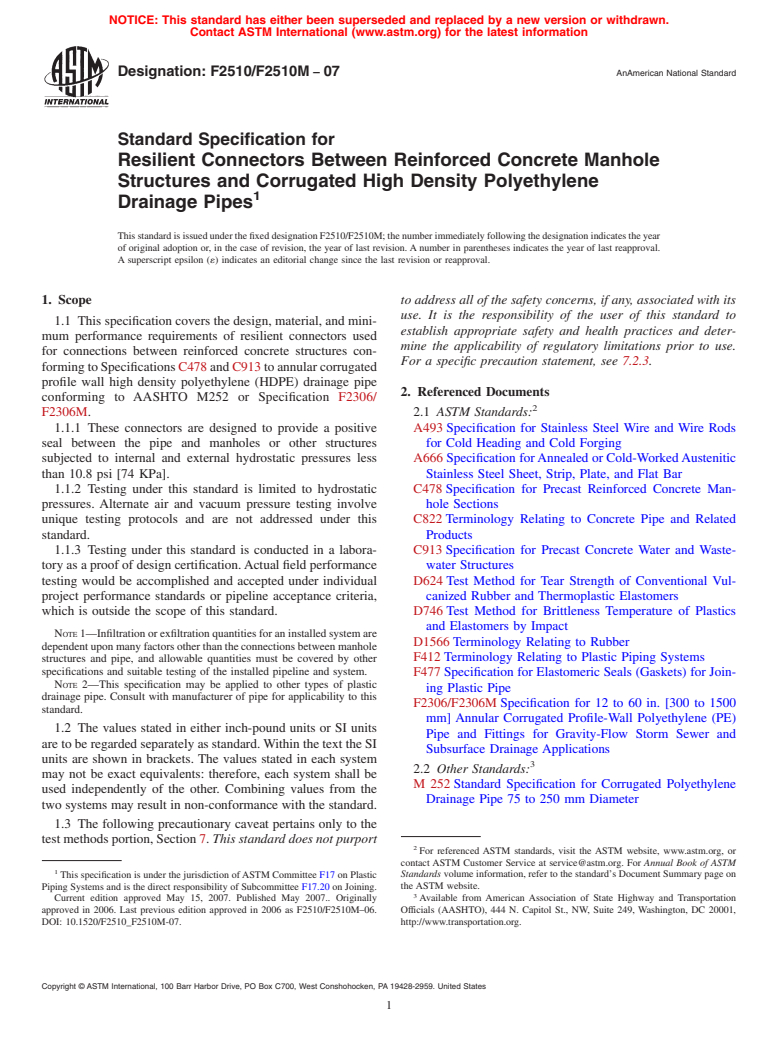 ASTM F2510/F2510M-07 - Standard Specification for Resilient Connectors Between Reinforced Concrete Manhole Structures and Corrugated High Density Polyethylene Drainage Pipes