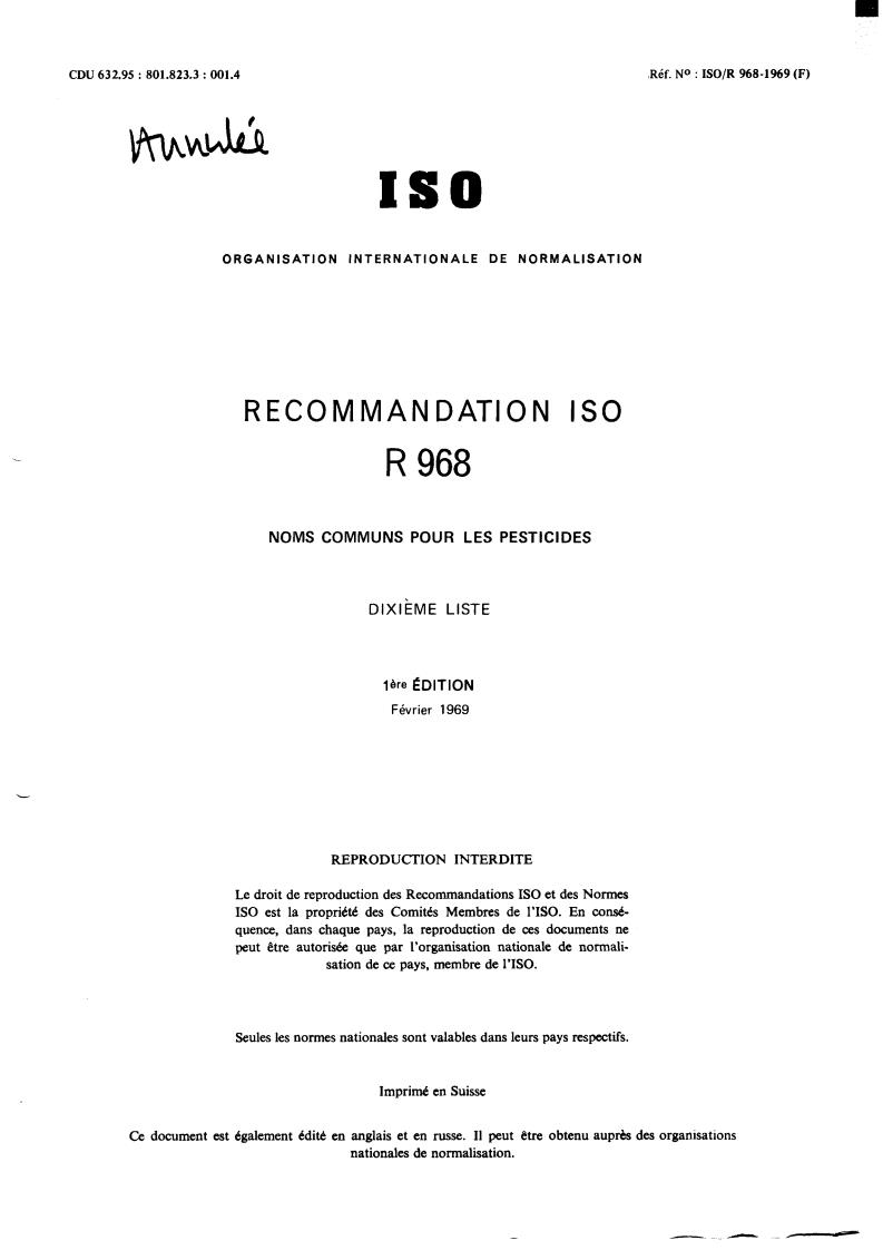 ISO/R 968:1968 - Withdrawal of ISO/R 968-1969
Released:12/1/1968
