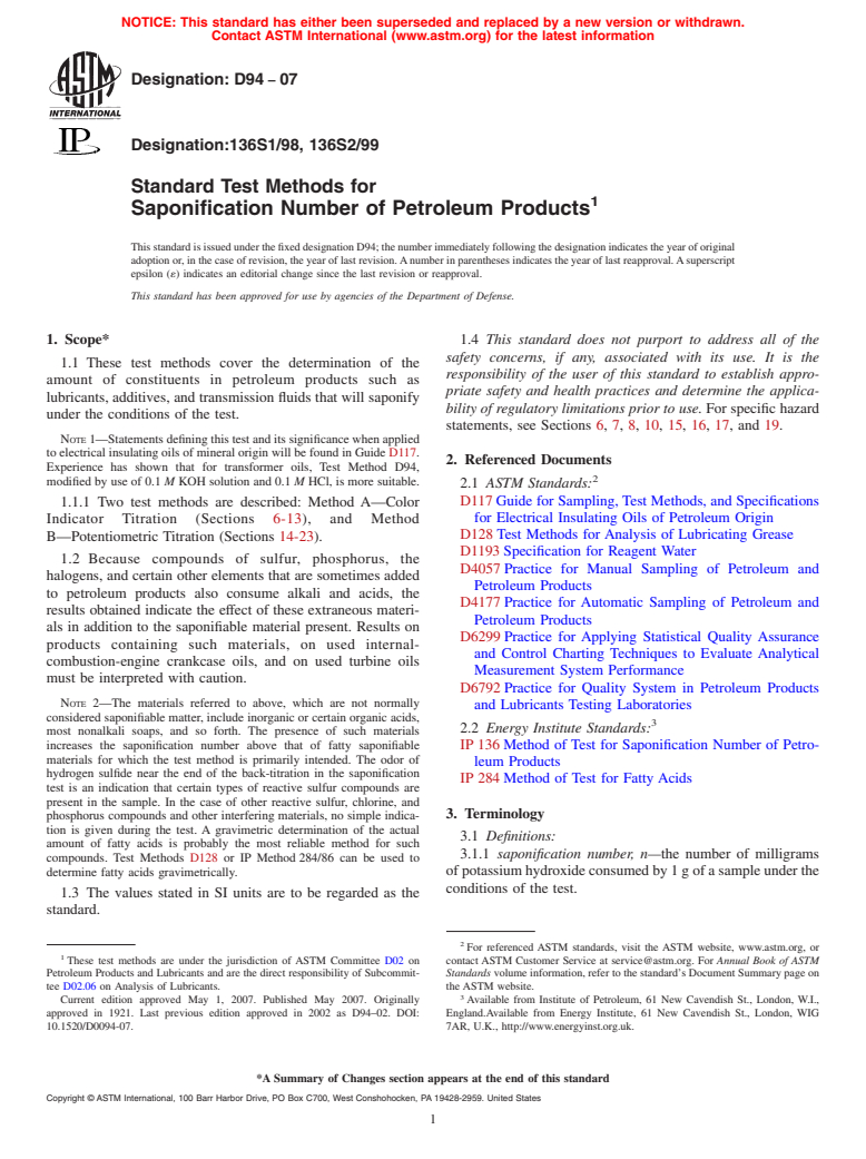 ASTM D94-07 - Standard Test Methods for Saponification Number of Petroleum Products