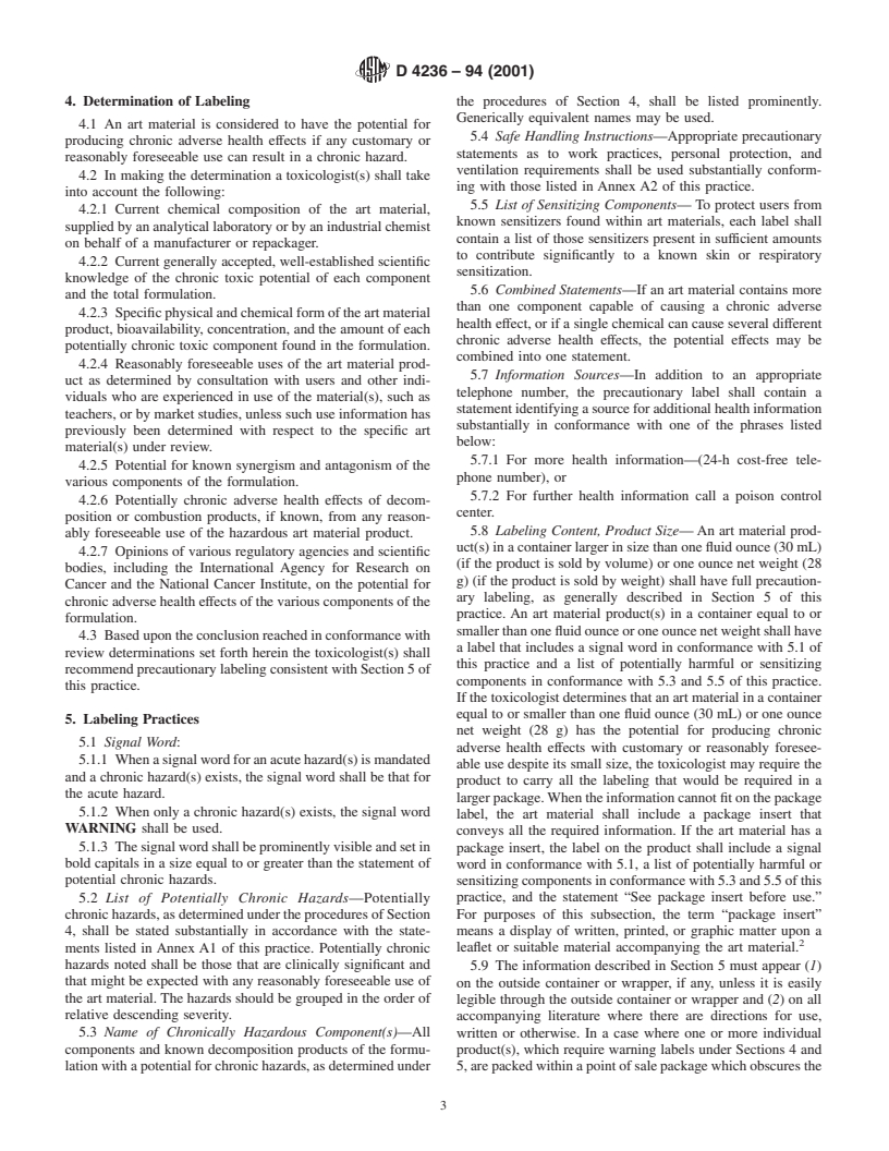 ASTM D4236-94(2001) - Standard Practice for Labeling Art Materials for Chronic Health Hazards