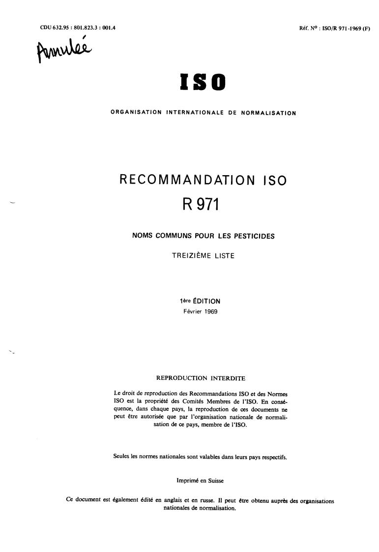 ISO/R 971:1969 - Withdrawal of ISO/R 971-1969
Released:12/1/1969