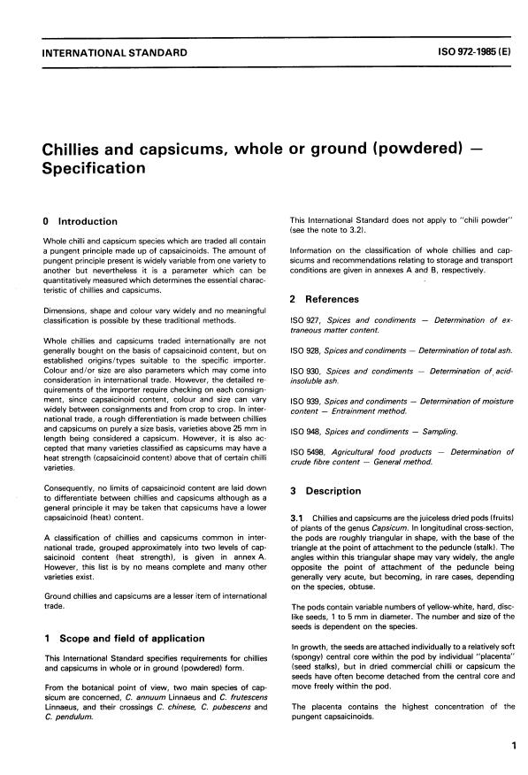 ISO 972:1985 - Chillies and capsicums, whole or ground (powdered) -- Specification