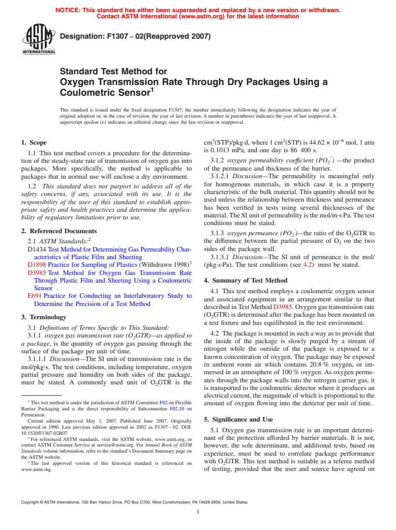 ASTM F1307-02(2007) - Standard Test Method for Oxygen Transmission Rate Through Dry Packages Using a Coulometric Sensor