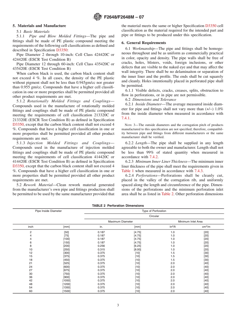 ASTM F2648/F2648M-07 - Standard Specification for 2 to 60 inch [50 to 1500 mm] Annular Corrugated Profile Wall Polyethylene (PE) Pipe and Fittings for Land Drainage Applications