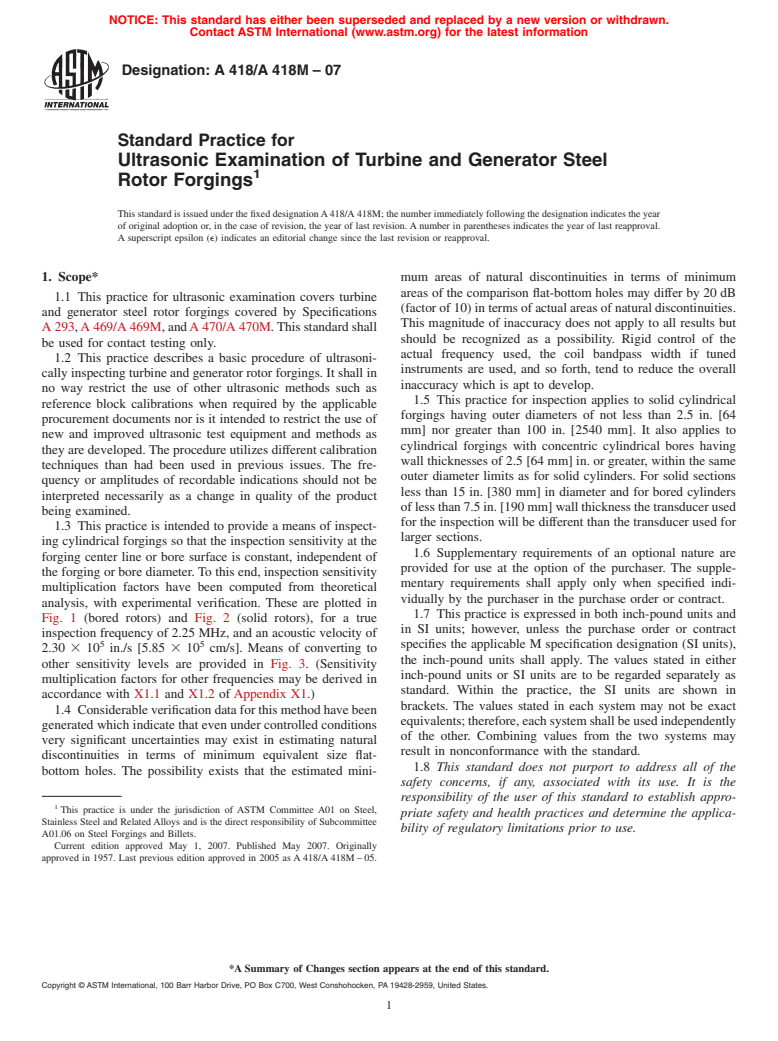 ASTM A418/A418M-07 - Standard Practice for Ultrasonic Examination of Turbine and Generator Steel Rotor Forgings