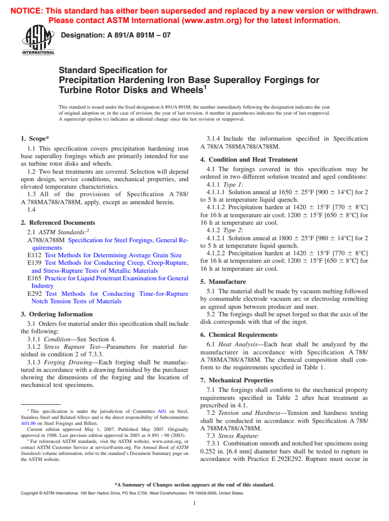 ASTM A891/A891M-07 - Standard Specification for Precipitation Hardening Iron Base Superalloy Forgings for Turbine Rotor Disks and Wheels