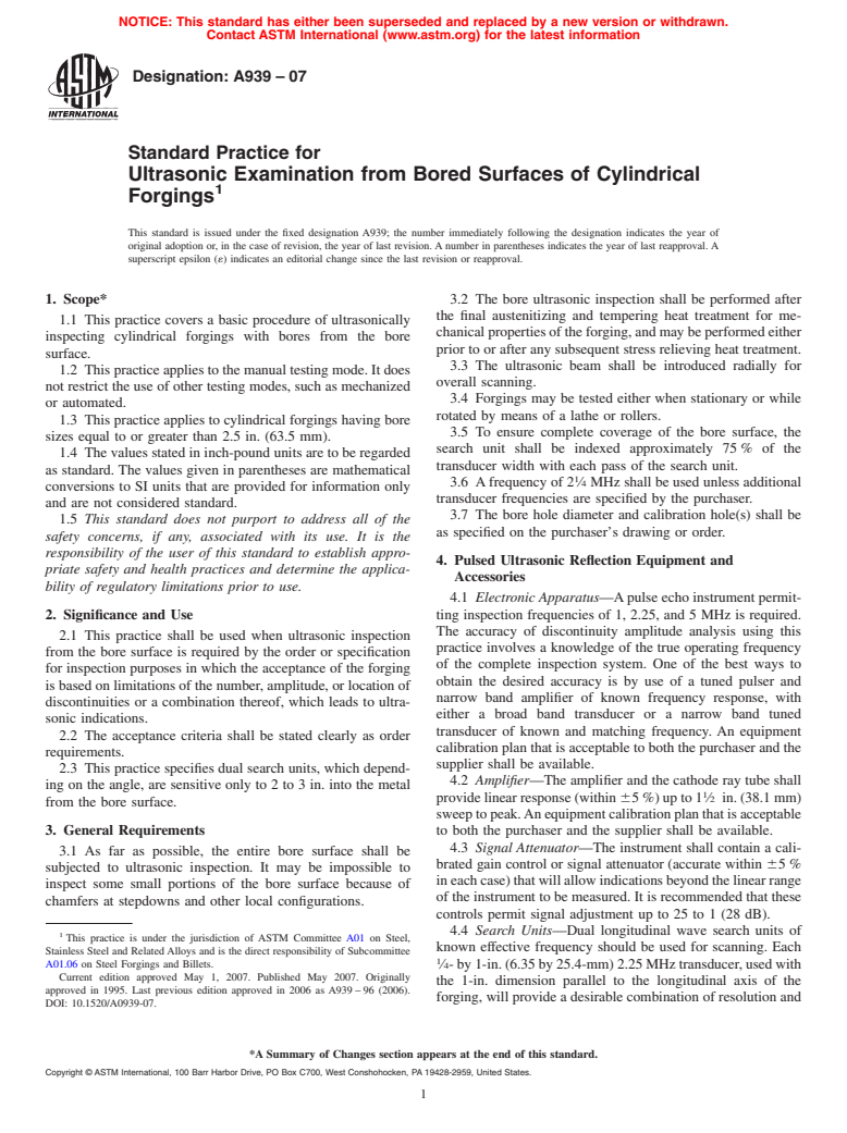 ASTM A939-07 - Standard Practice for Ultrasonic Examination from Bored Surfaces of Cylindrical Forgings